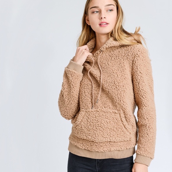 Camel Teddy Hoodie, Sherpa Cozy Knit Sweater - Picture 3 of 9